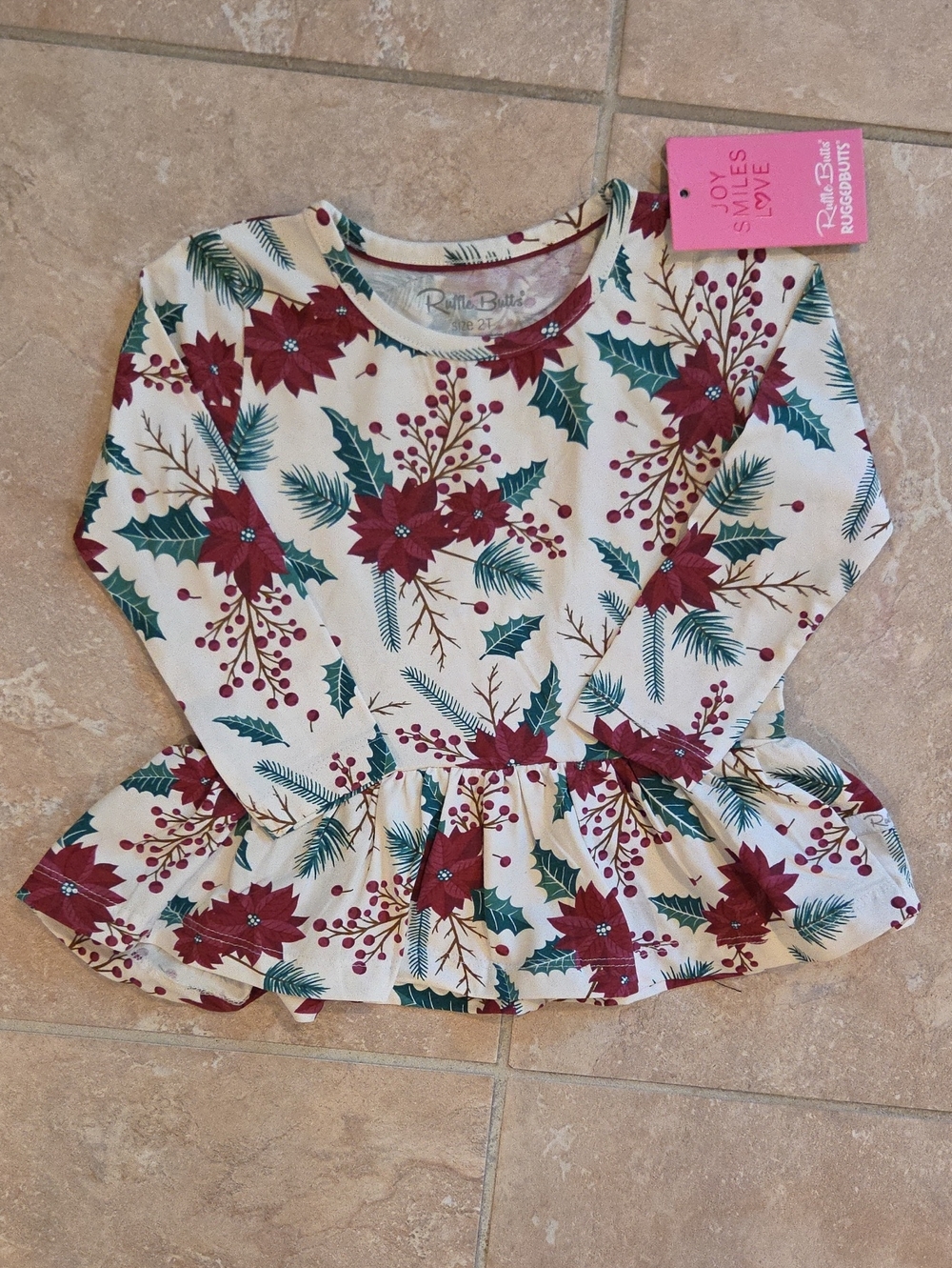 Ruffle Butts Cream Long Sleeve Peplum Top with Red Floral & Green Foliage